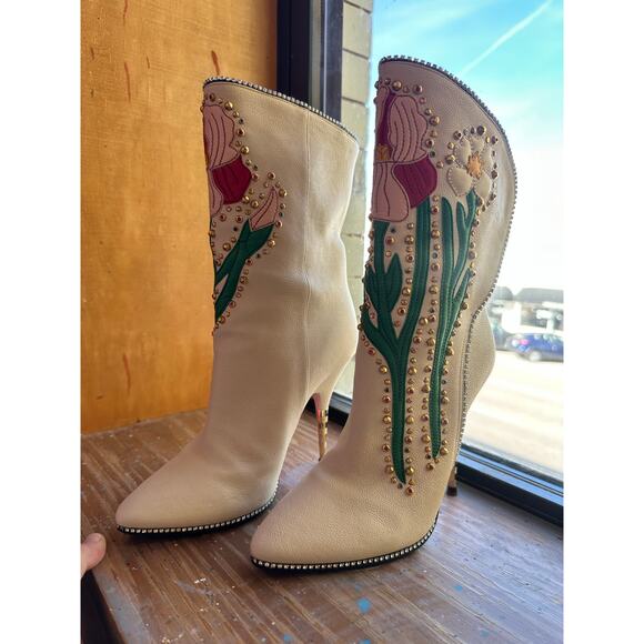 GUCCI Ivory Leather Floral ‘Fosca’ 2017 Pink Bottom Runway Booties Size 37 - Picture 12 of 16